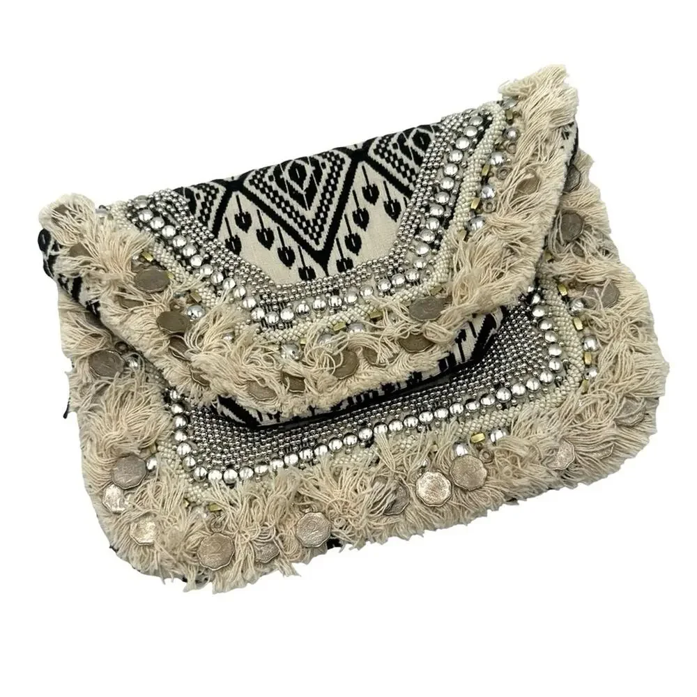 Boho women’s chunky rustic Beige and Black Clutch
